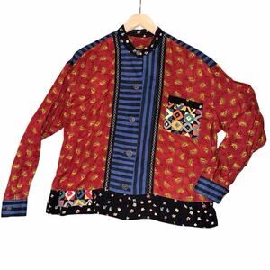 Vintage canvasbacks colorful button front long sleeve top small mandarin collar